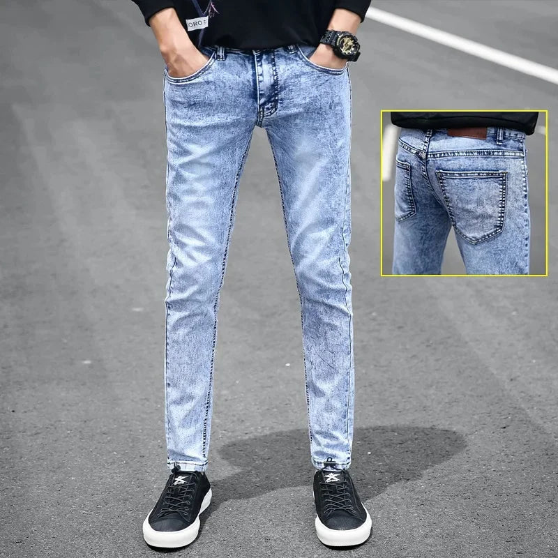 Slim Fit Men's Jeans Casual Elastic Korean Style Autumn Grey Trendy Long Pants Versatile Slim Legged Casual Trousers