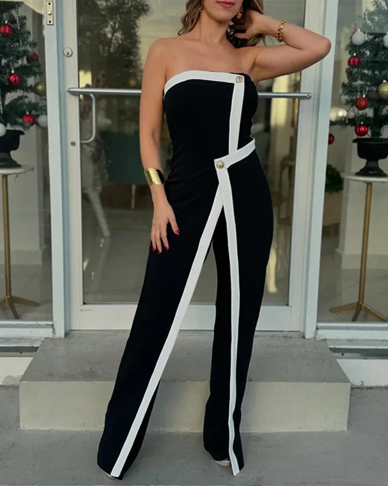 Elegant Colorblock Patchwork Asymmetrical Bandeau Sleeveless Slim Fit Jumpsuit Women Button Decor Overall for Lady Office.