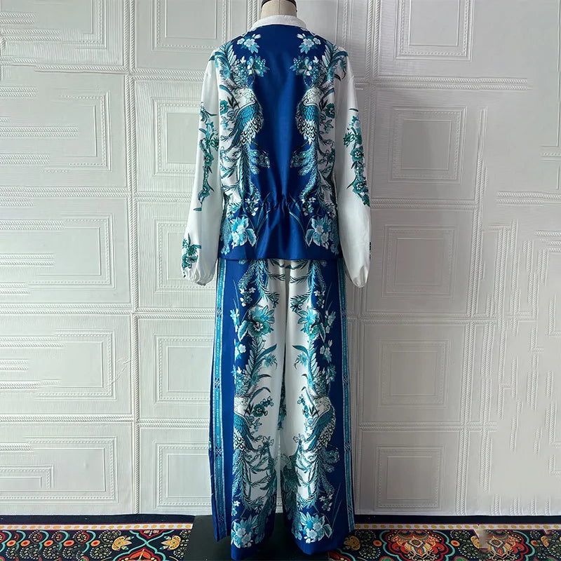 Summer Fashion Print Women's 2-piece Set Flower Zipper Baseball Uniform Drawstring Trousers Two-piece Outfit Elegant Office Suit.