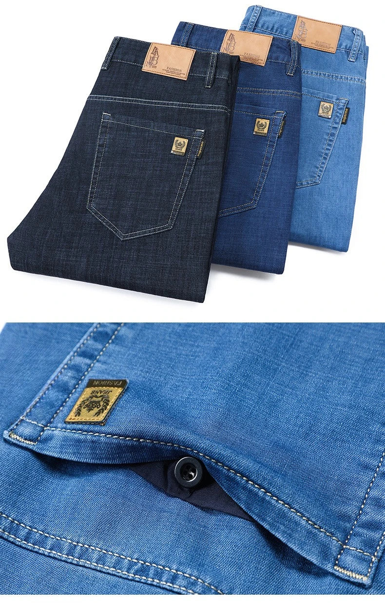 Men's Ice Silk Jeans Summer New Lyocell Thin Business Casual Denim Pants Classic All Match Slim Fit Straight Elastic Jean Male.