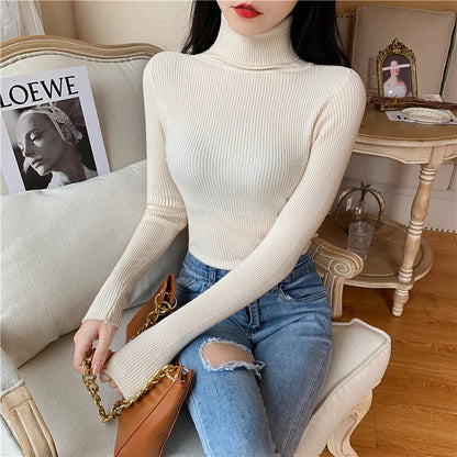 2023 herbst Winter Frauen Langarm Gestrickte Foldover Rollkragen Rippen Pull Pullover Weiche Warme Femme Jumper Pullover Kleidung.