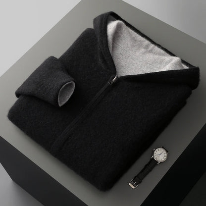 Autumn Winter Pure Cashmere Sweater Double-sided Cardigan Men's Casual Zipper Thickened Cashmere Knitted Hooded Sweater Coat