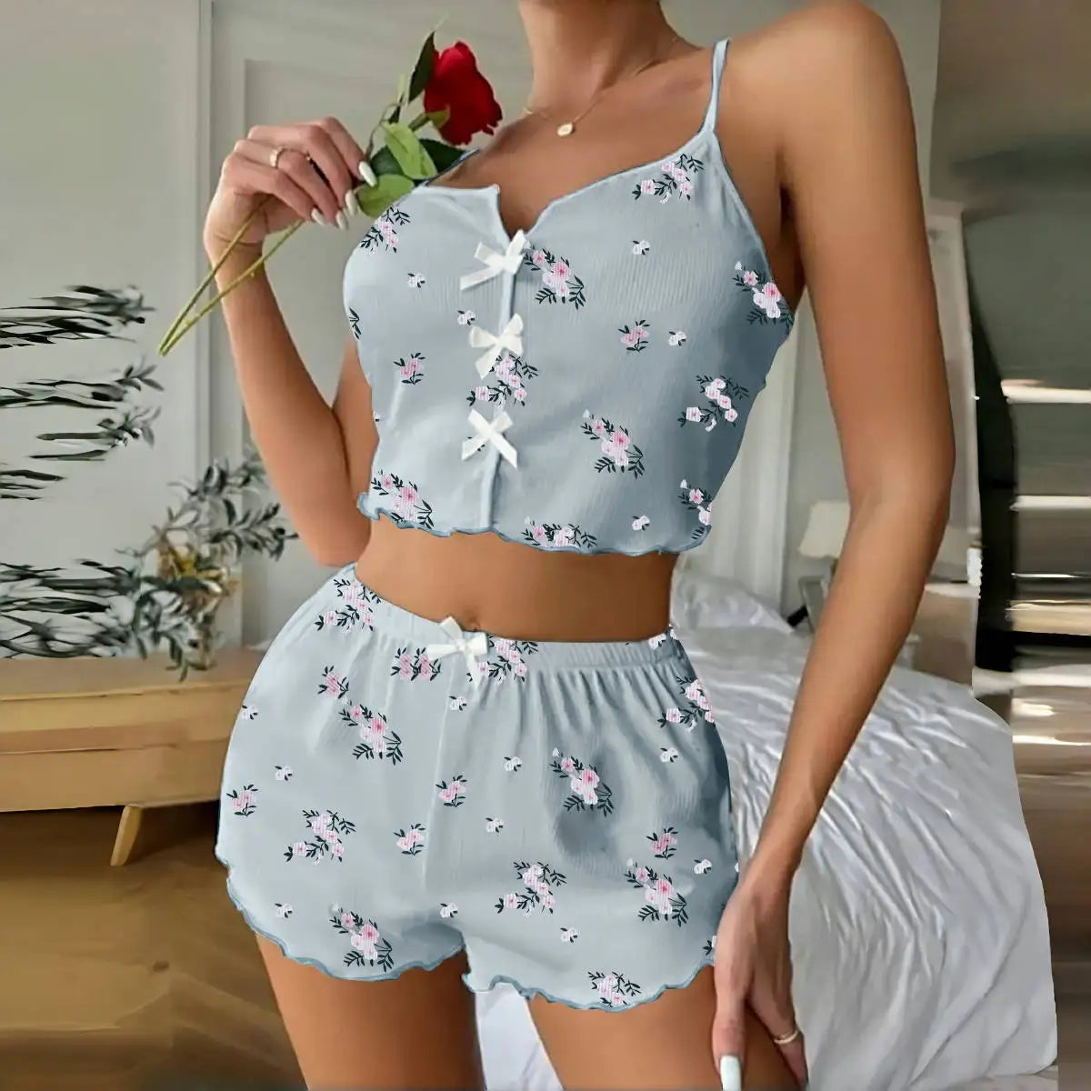 Damen Sexy Pyjamas Herz Wimpern Bedrucktes Pyjama Set V-Ausschnitt Camisole Top Shorts Loungewear