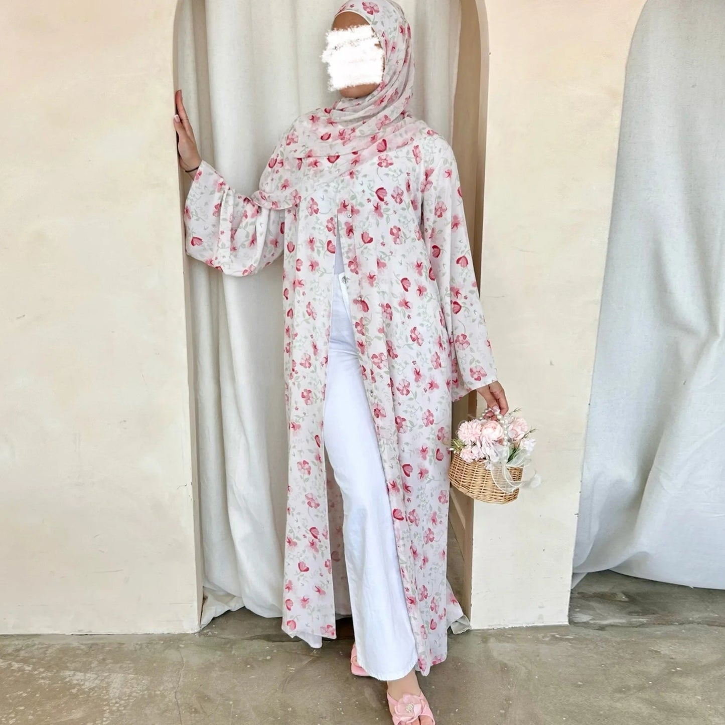 Muslim Abaya Set Luxury EID Islamic Kimono Muslim Women Dress Floral Printed Chiffon Modest Gorgeous Dubai Abaya Dress Suit.