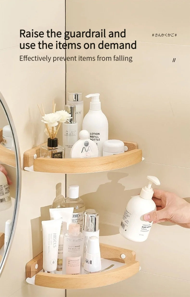 Badezimmer-Aufbewahrungsregal aus Holz und Aluminium, Aufbewahrungsregal für Badezimmer, perforationsfrei, Wandbehang, Waschtisch, WC, dreieckiges Eckregal