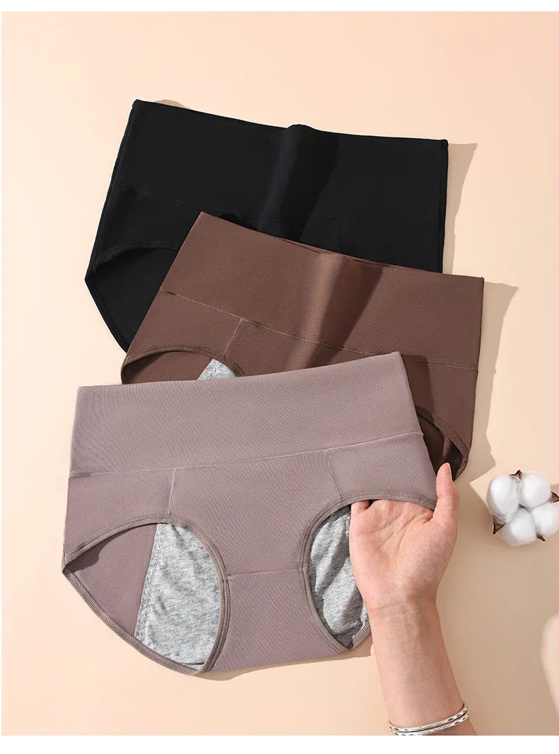 High Waist Period Underwear for Women | Cotton Leak Proof Panties | Anti-Overnight Flow | Plus Size M-4XL (Black/Beige).