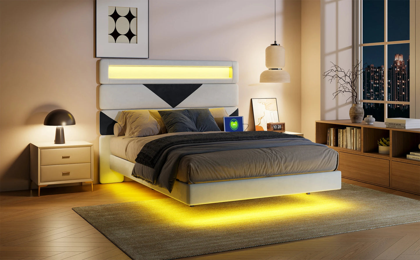 Anajqaqia Doppelbettgestell, 160 x 200 cm, verstellbares Kopfteil in Beige und Schwarz mit Lichtleiste und USB-Doppelladeanschluss