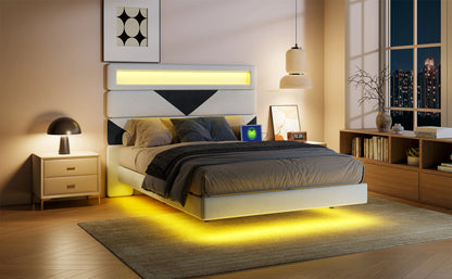 Anajqaqia Doppelbettgestell, 160 x 200 cm, verstellbares Kopfteil in Beige und Schwarz mit Lichtleiste und USB-Doppelladeanschluss