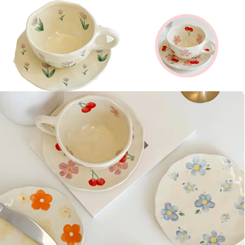 Flower Pattern Ceramic Cup Korean Style Saucer Set Hand Pinched Irregular Coffee Milk Cup Afternoon Tea Tableware Gifts for Home.