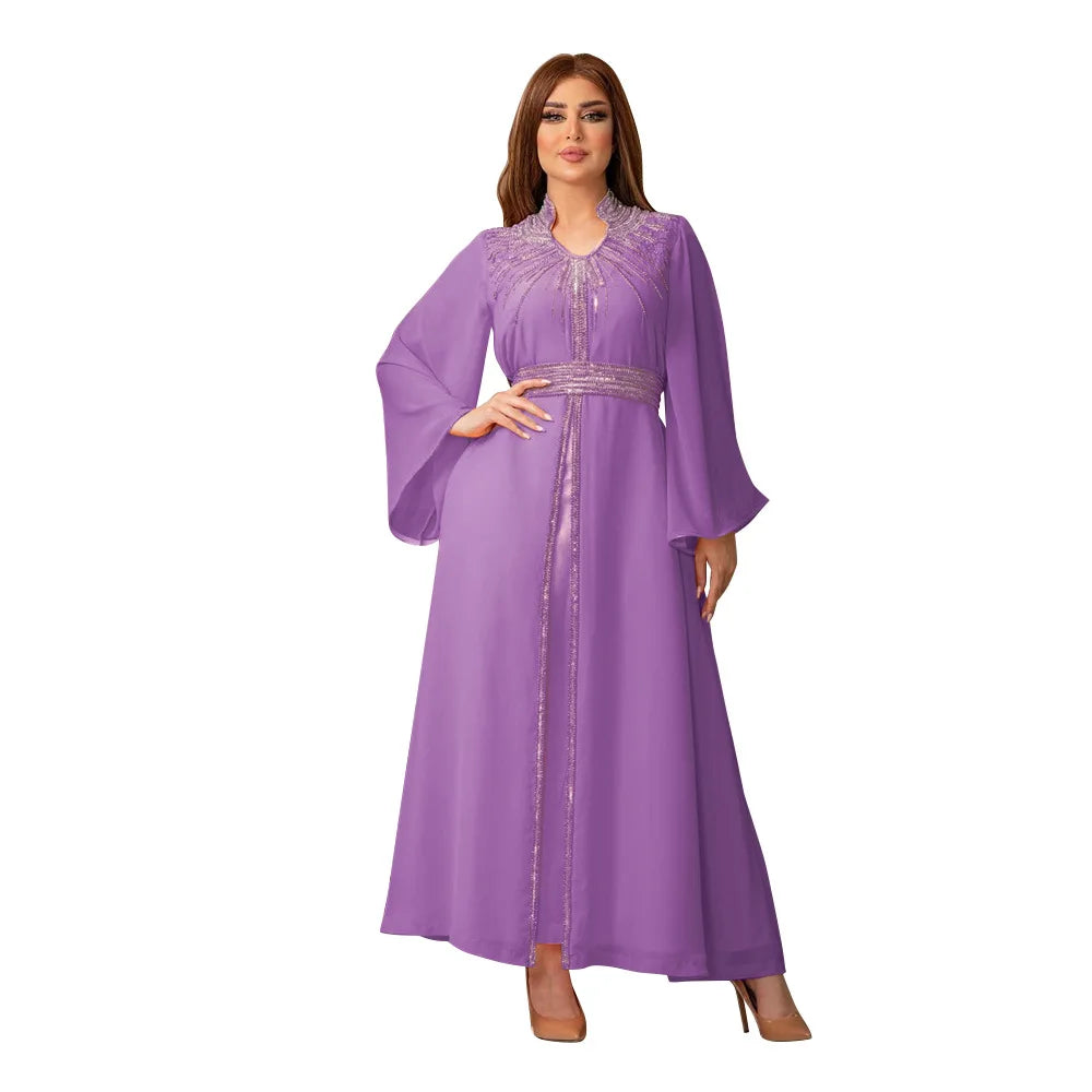 Marok kanis che Kaftan Frauen Mode Diamant mit Gürtel Chiffon Kleid Eid Ramadan arabische Robe Islam Luxus Party muslimische Kleider