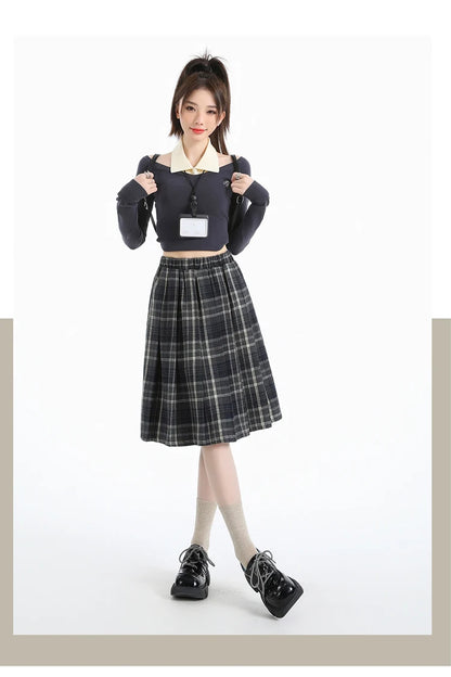 Preppy Style Woolen Pleated Plaid Skirt Women Fall Winter Retro Elastic High Waist Skirts Female Japanese A Line Faldas 2025 New.