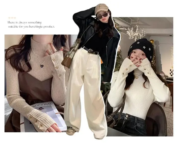 2025, weibliche Casual Tops Pullover Frauen Herbst Winter Gestrickte Dünne Pullover Feste Taste Volle Hülse Halb Hohen Kragen Pullover.