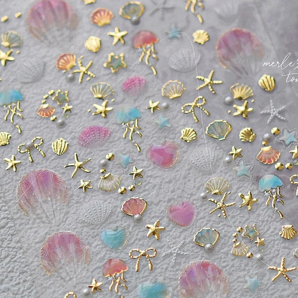 Ocean Theme 5D Nail Sticker Summer Beach Seashells Starfish Conch Scallop Shell Coral Self Adhesive Decoration Manicure Decal.