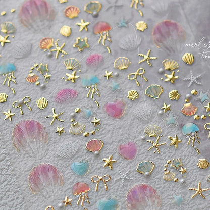 Ocean Theme 5D Nail Sticker Summer Beach Seashells Starfish Conch Scallop Shell Coral Self Adhesive Decoration Manicure Decal.
