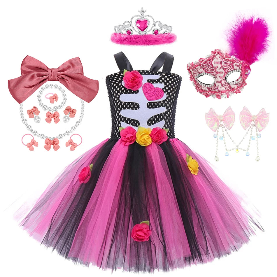 Halloween Kinder Kleid Cosplay Herz druck Skelett Kostüme Mädchen Blumen Schädel Tutu Kleidung Kinder Karneval Leistung Outfits