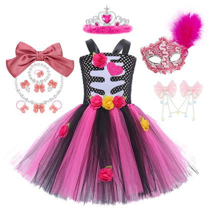 Halloween Kinder Kleid Cosplay Herz druck Skelett Kostüme Mädchen Blumen Schädel Tutu Kleidung Kinder Karneval Leistung Outfits