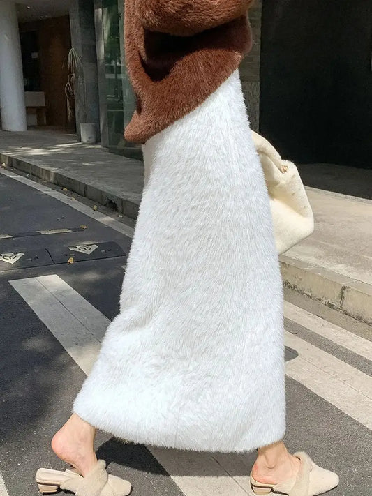 Autumn Winter New Knit Long Skirt Women Casual Thick Korean High Waist Soft A-Line Skirt.