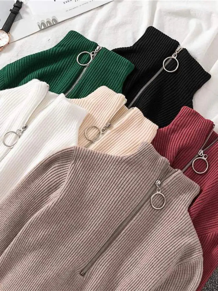 Frauen Fashion Solid Strick Pullover Vintage Langarm Zip-up Grundlegende Hälfte Rollkragenpullover Weibliche Pullover Chic Casual Tops.