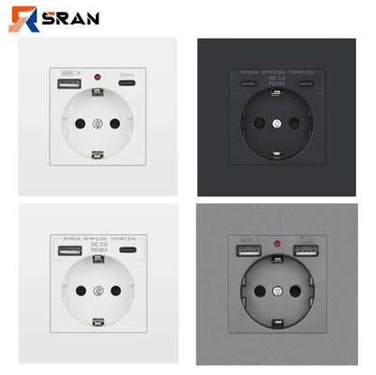 SRAN EU-Standard-Wandsteckdose mit USB und Typ-C 20 W Schnellladung, 5 V/2 A Doppelanschlüssen, 86 x 86 mm flammhemmendes Panel, CE-zertifiziert.