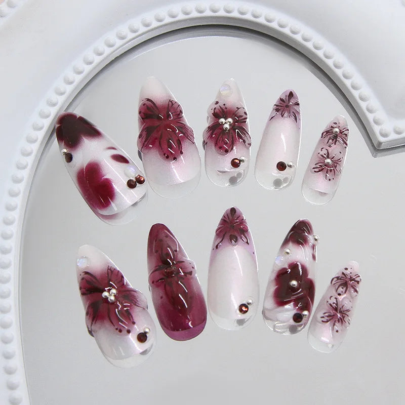 24pcs Flower Print Press on Nails Wine Red Blush Almond False Nail Tips Wearable Reusable Summer Spicy Girl Fake Nails.