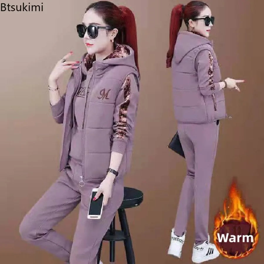 Winter 3 Pcs/Set Women Waistcoat Top Pants Set Letter Embroidery Ladies Winter Tracksuit Color Block Three-piece Sweatpants Set.