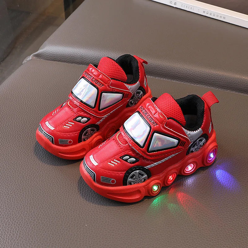 Diseny Kids'Casual Shoes Led Light Car Club Cartoon PU Leather Spring Shoes For Children Anti-slip Red Blue Shoes Size 21-30