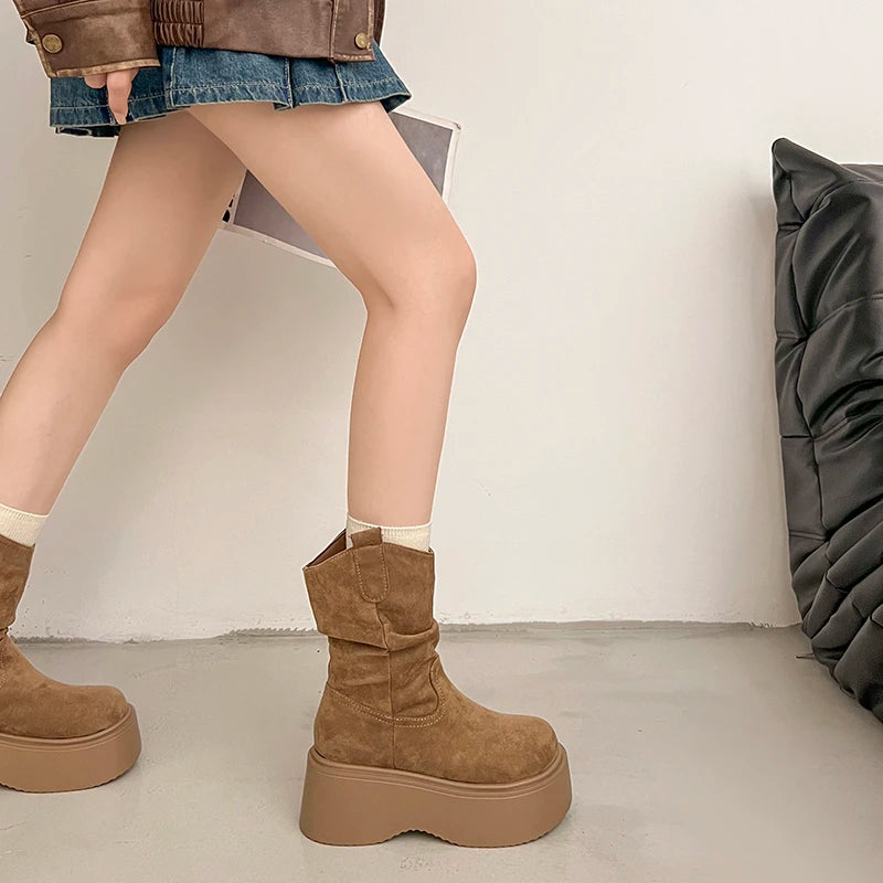 Chunky Platform Thick Sole Woman Ankle Boots Design Round Toe Slip On Shoes  2025 Autumn Winter Short Botas Para Mujer.