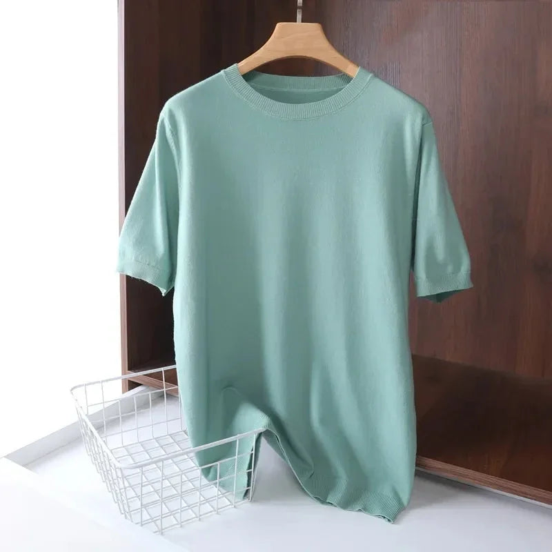 2025 Superfine Merino Wool T Shirt Men's Knitted O-neck Breathable Thin Cashmer Short Sleeve Tee Solid Color Tops.