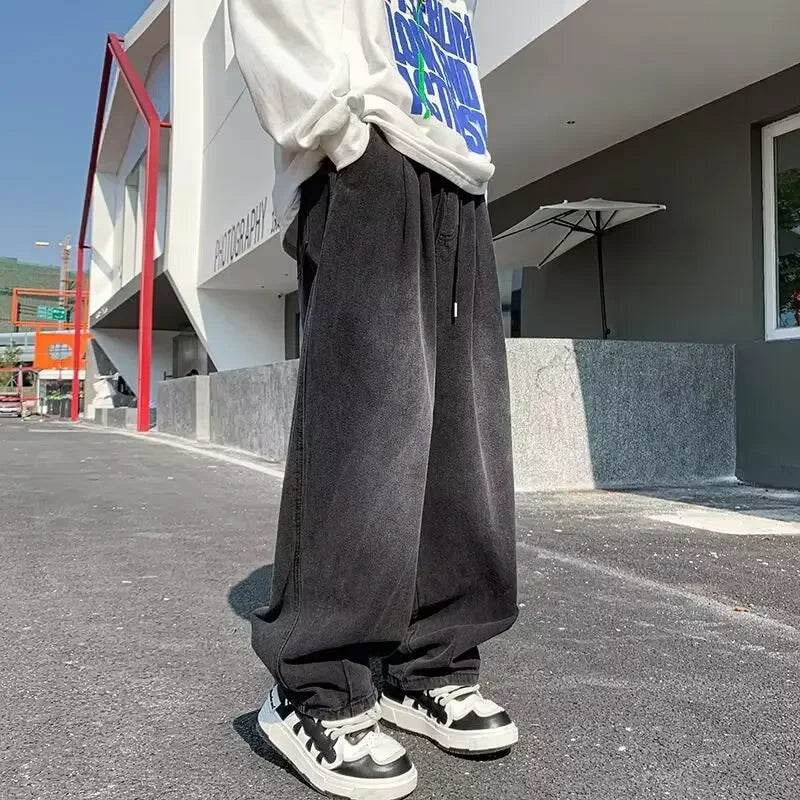 2024 New Trendy Wide-Leg Jeans Men's Loose-Fit Straight-Leg Casual Long Pants Vintage Washing Distressed Style.