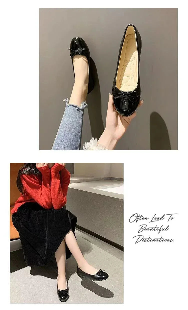 Ballerina Women's Flat Shoes Comfort Non-slip Ladies Loafers Leather Flats Elegant Bowknot Women's Single Shoes Mother's Shoes.