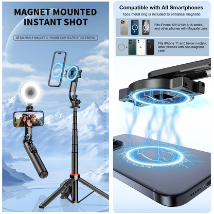 Magnetic Selfie Stick for iPhone Phone Camera 51" Extendable Magsafe Tripod Selfie Stick with Remote for Travel Vlog Videos.
