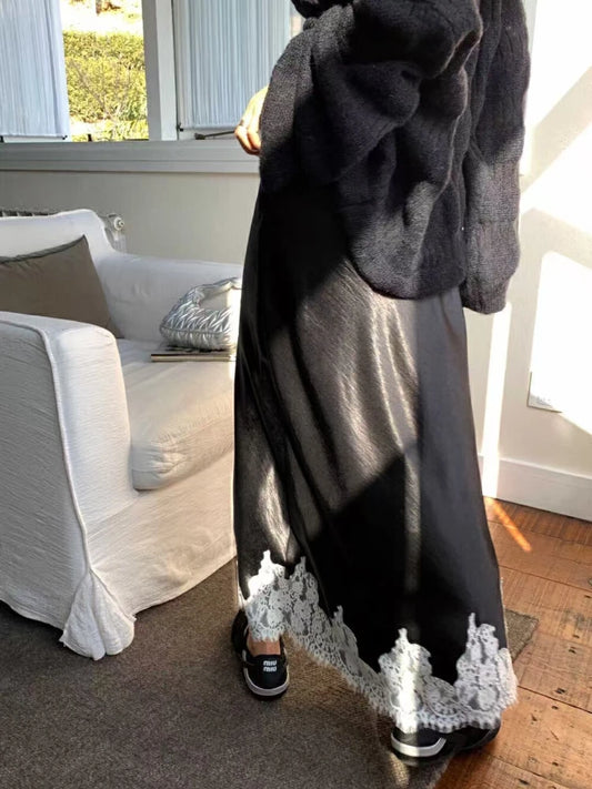 Satin Lace Patchwork Midi Skirt 2025 Women A-line Elegant Smooth Skirt Women Clothing.
