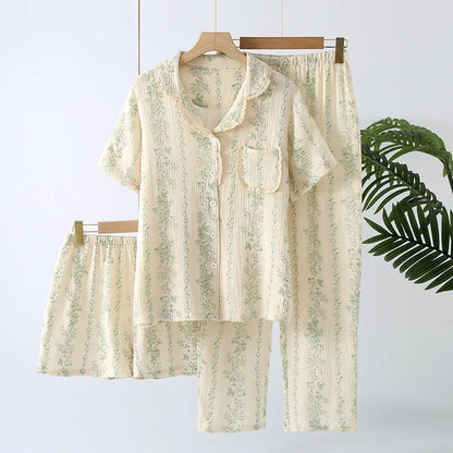Pajamas pure cotton three-piece set spring and summer thin crepe autumn gauze lapel short-sleeved trousers shorts loungewear set