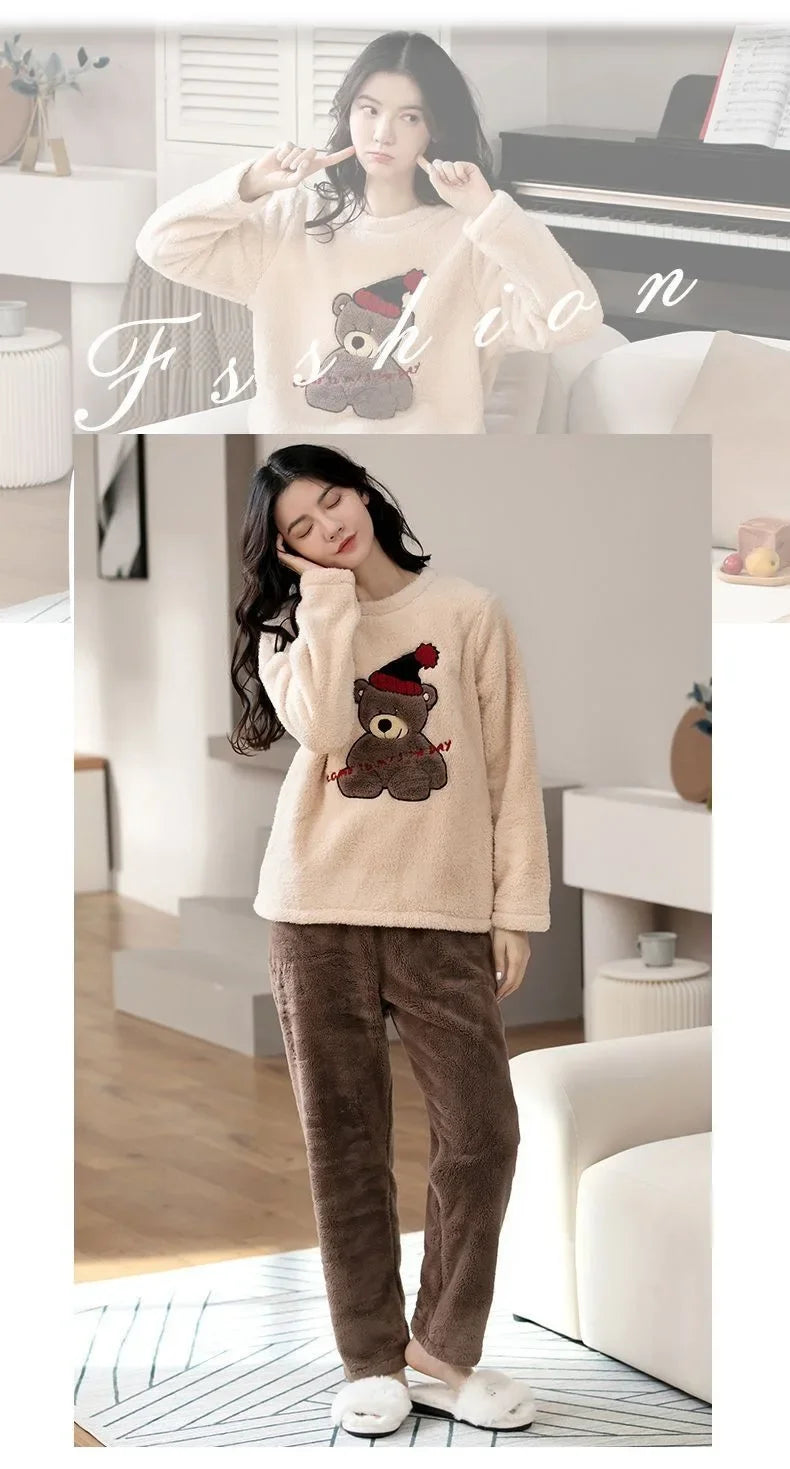 Thickened Warm Large Size Padded Fall and Winter Women's Pajamas Top and Pants Set Coral Velvet Ladies Cartoon Bear 2PCS/Set.