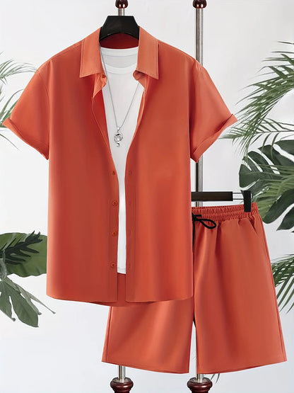 Einfaches einfarbiges Hawaii-Hemd für Herren, Sommer-Trend, kurzärmelige Shorts, 2-teilig, täglich, lässig, Shorts, Top-Anzug, modisch, übergroß.