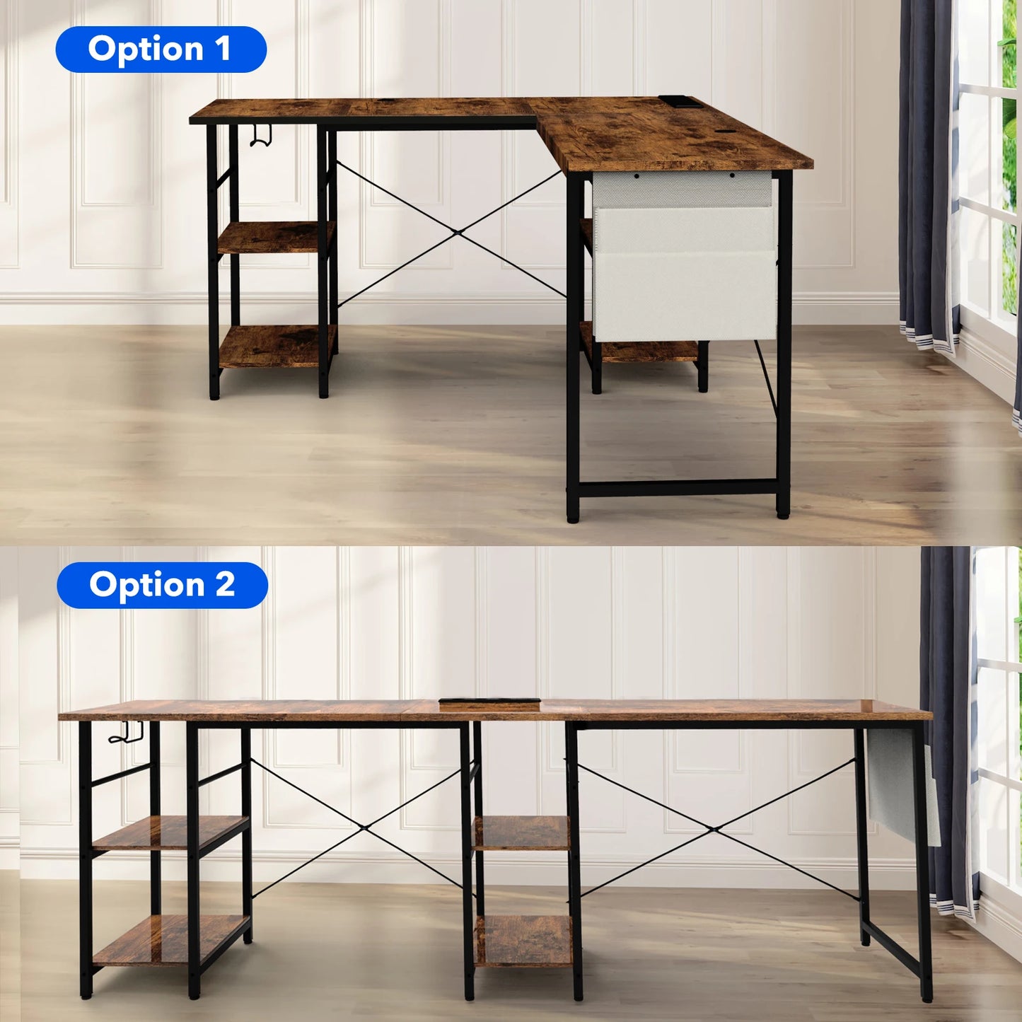 L-förmiger Schreibtisch im Industrial-Stil, 140/230cm, Verstellbarer Computertisch mit Ablagen & Integrierter Steckdose