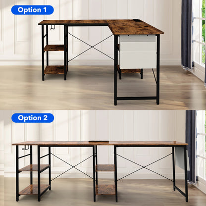 L-förmiger Schreibtisch im Industrial-Stil, 140/230cm, Verstellbarer Computertisch mit Ablagen & Integrierter Steckdose