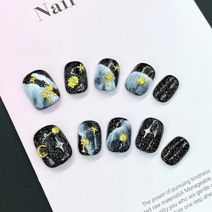 10pcs/set Handmade Press-On Nails - Blue Glossy Fish & Bubbles Design Short Oval Fake Nails with Cat Eye Effect False Nails