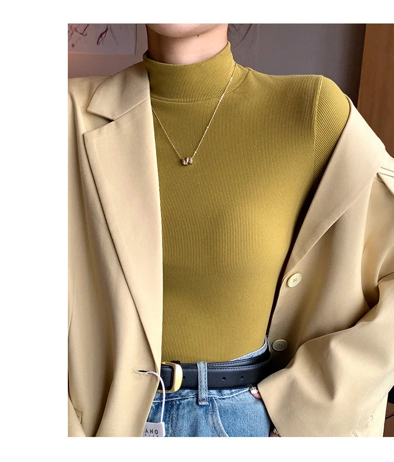 Damen-Strickpullover mit halbem Rollkragen, elegant, koreanische Mode, langärmelig, Oberteil, schmale Passform, Thermo-Pullover, lässige Strickwaren