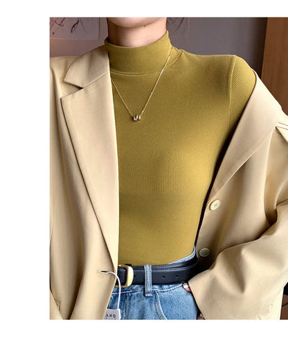 Damen-Strickpullover mit halbem Rollkragen, elegant, koreanische Mode, langärmelig, Oberteil, schmale Passform, Thermo-Pullover, lässige Strickwaren