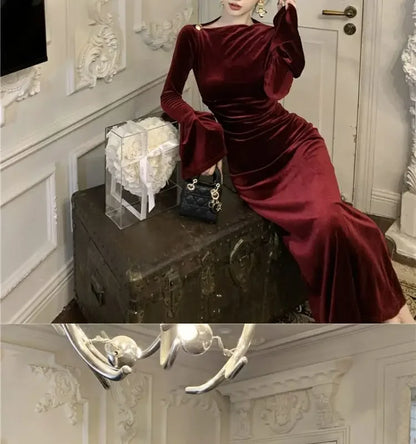 Internet Celebrity High-End-Samtkleid Leichtes, temperamentvolles, hoch tailliertes, schlankes, burgunderrotes Fischschwanzkleid