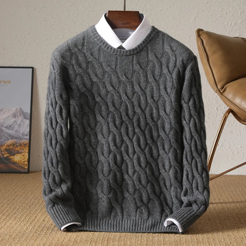 Autumn Winter Thickened Cashmere Sweater 100% Merino Wool Men's Top O-Neck Twisted Pullover Knitted Loose Long Sleeve Sweater.