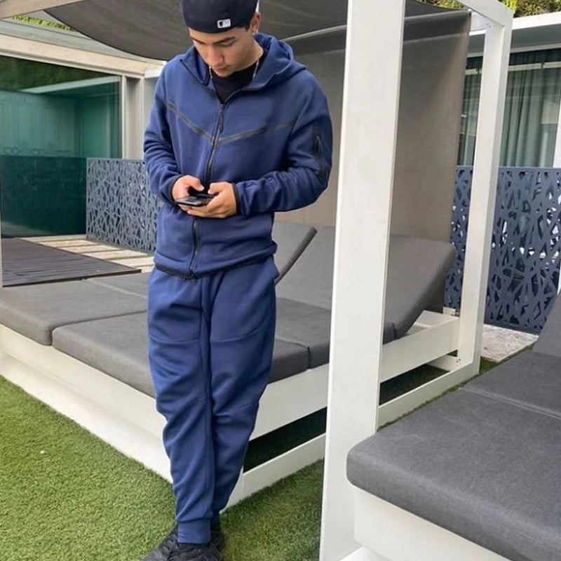 Fashion Solid Color Slim Two Piece Sets Men Fall Winter Casual Long Sleeve Zipper Hooded Sweatshirt And Pants Suits Mens Outfits.