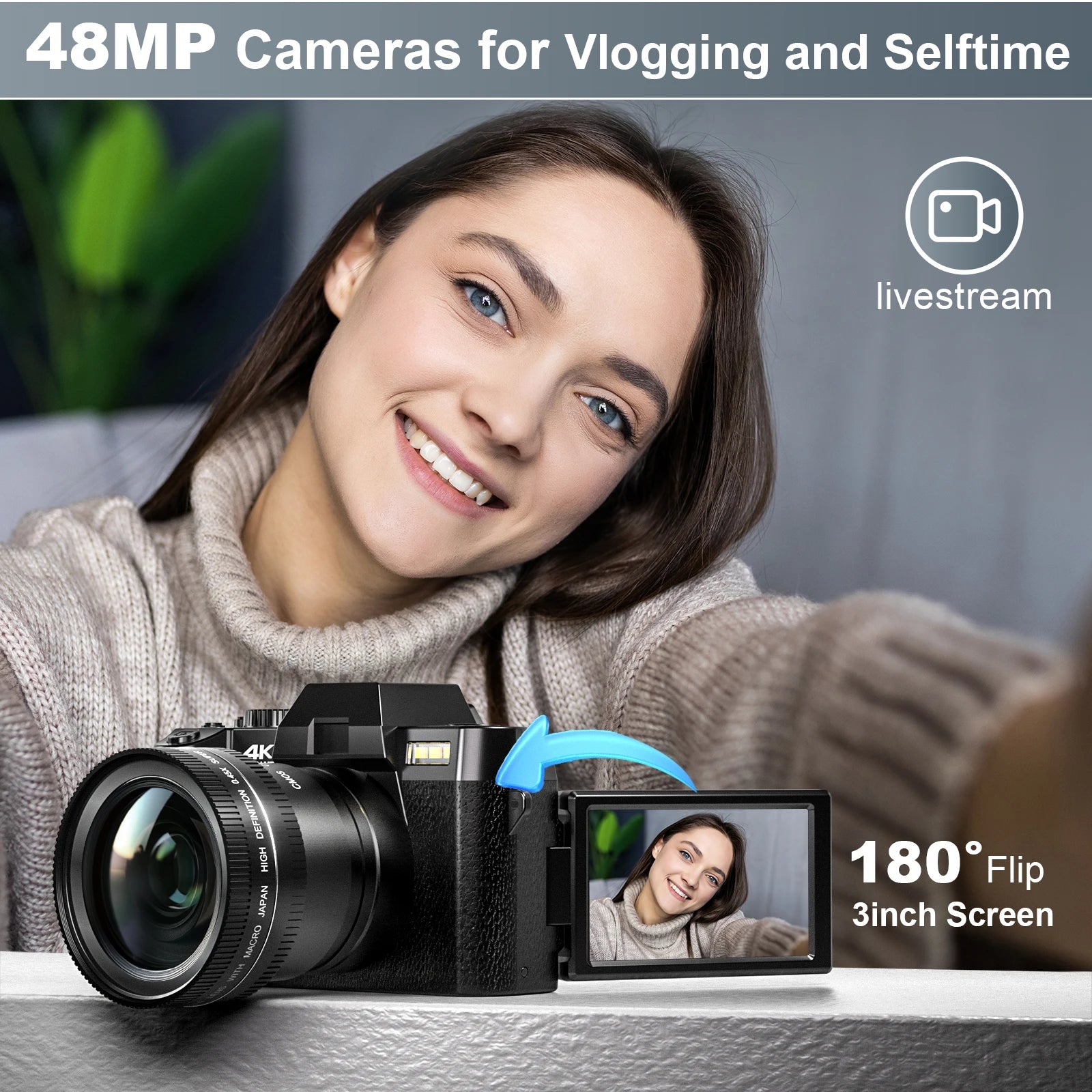 NBD 48MP Digital Cameras for Photography with WiFi & App Control,4K Autofocus Vlogging Camera , Anti-Shake,  Dual Batteries.
