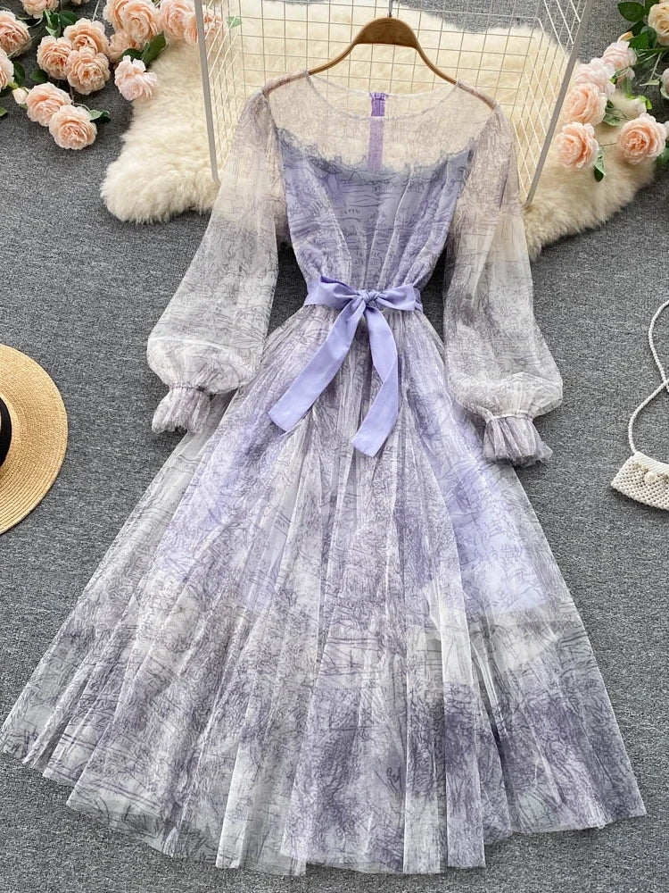 Elegante Frauen Mesh Kleid Vintage Laterne Ärmeln Gedruckt Party Kleider Frühling Sommer Patchwork A Line Bandage Strand Kleid