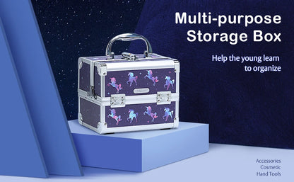 Makeup Case Portable Lock Alloy Unicorn Cosmetic Jewelry Nail Hair Accessories Storage Box with Mirror 2 Trays Make-up Suitcase.