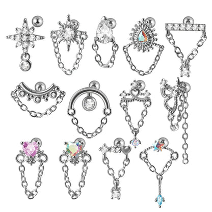 1PC 316L Surgical Steel Star Water Drop Heart CZ Chain Ear Cartilage Tragus Helix Stud Earring Daith Lobe Piercing Body Jewelry.