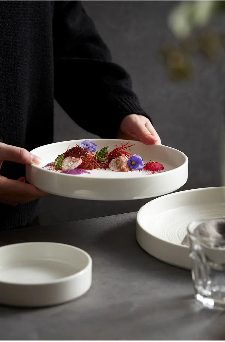 High end white ceramic steak brushed tableware, ceramic salad pasta plate dinner set plates and dishes ceramic plate sushi plate.