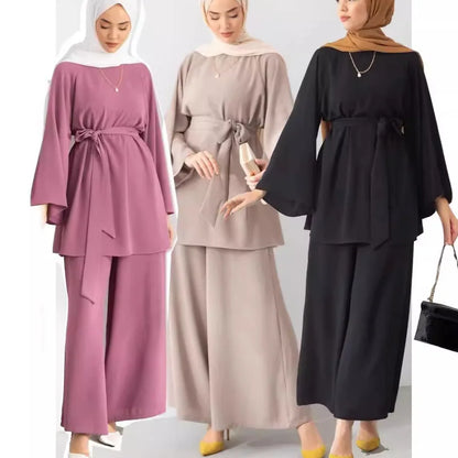 Eid Muslim Two Piece Set Islam Women Lace Up Shirt Wide Leg Pants Suits Ramadan Turkey Outfits Modest Morocco Abayas Ensembles.