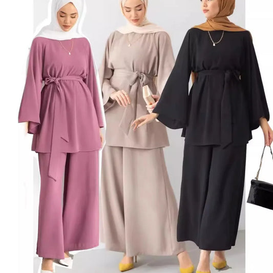 Eid Muslim Two Piece Set Islam Women Lace Up Shirt Wide Leg Pants Suits Ramadan Turkey Outfits Modest Morocco Abayas Ensembles.